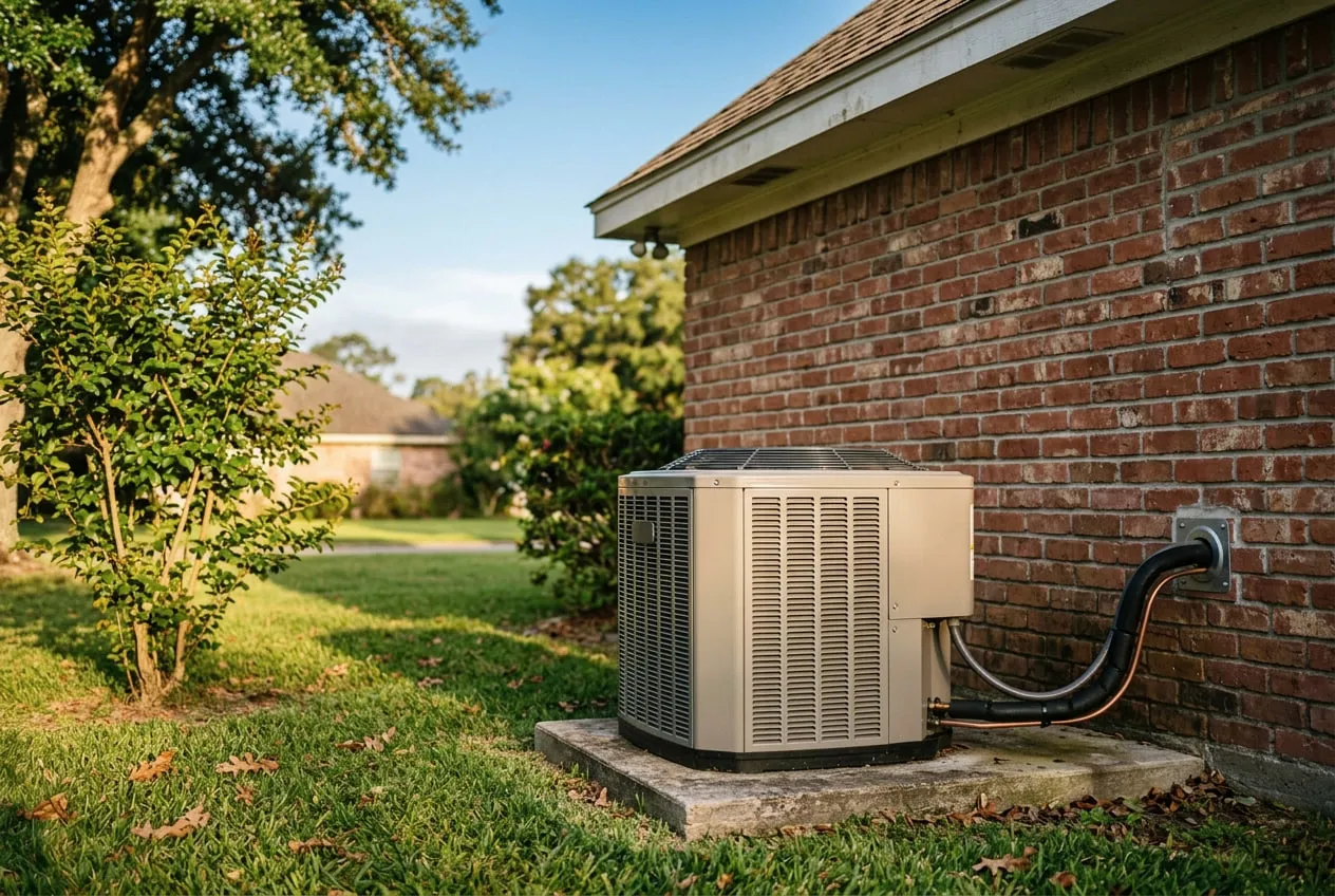 A residential air conditioning condenser on a concrete pad beside a brick house.